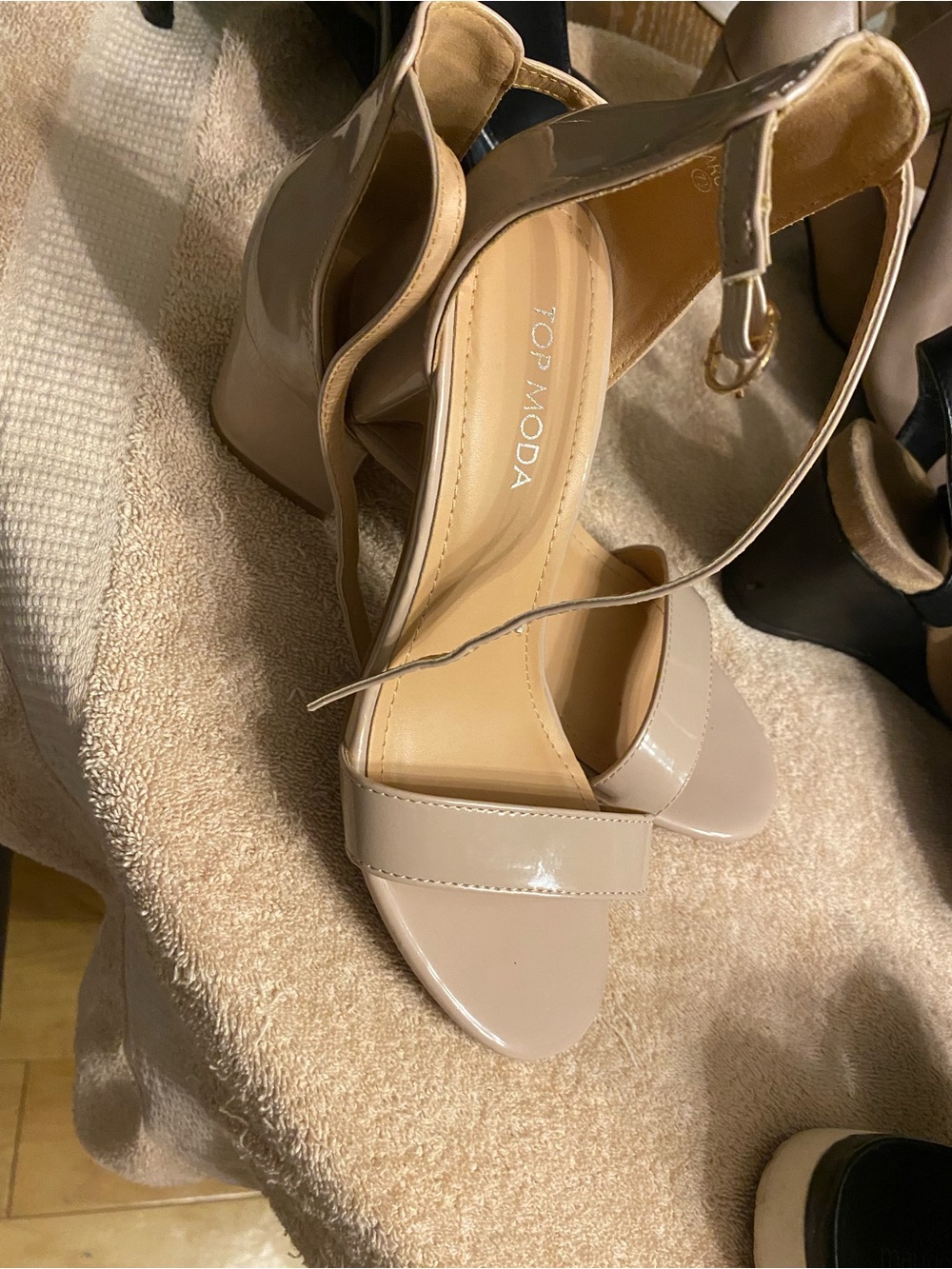 TOP Moda Beige Patent Block Heel Ankle-Strap Sandals